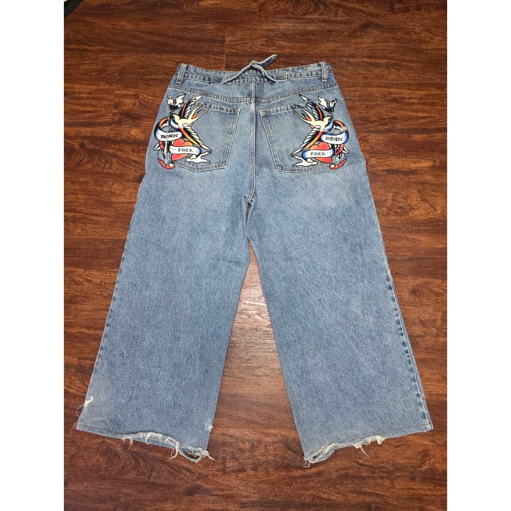 Ed Hardy Denim Jorts Men's Size 32 Light Wash Tattoo Graphic Y2K Jean Raw Hem